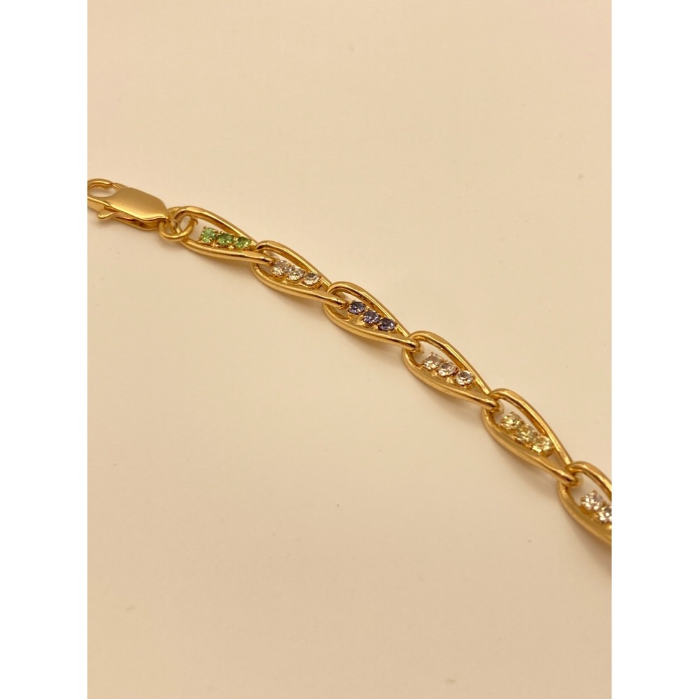 Gold Tone Marquise Link Bracelet Multicolor Rhinestone Tennis Style Layering
